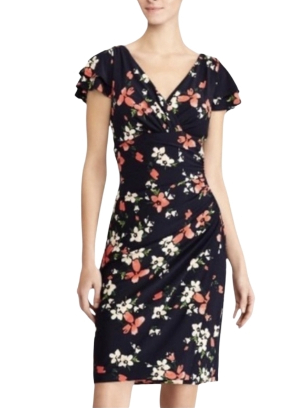Lauren Ralph Lauren Blue Floral Faux Wrap Dress Size 8 M Ruched Waist V Neck